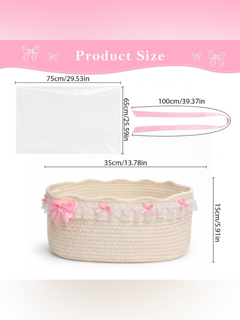 Decorative Pink Ribbon Cotton Rope Gift Basket with Bag & Ribbon - Picture 3 of 14